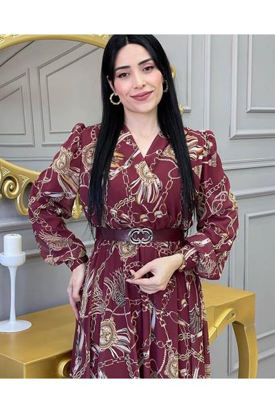 Zincir Desen Kruvaze Elbise 0125 Bordo