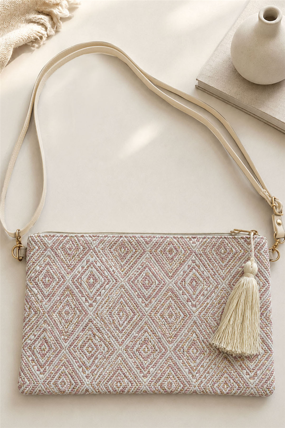 Simli Kilim Desenli Püskül Aksesuarlı Clutch Çanta