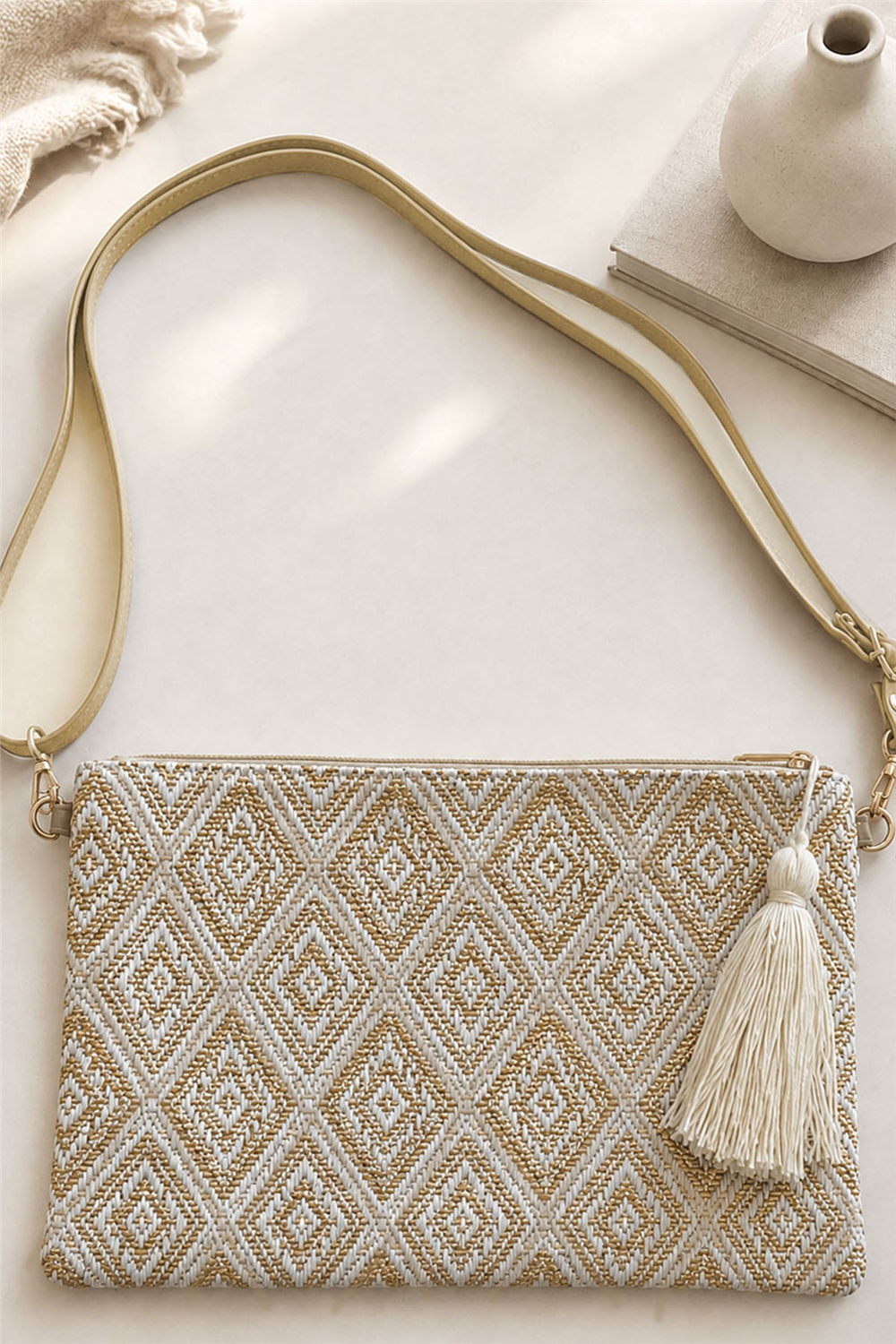 Simli Kilim Desenli Püskül Aksesuarlı Clutch Çanta
