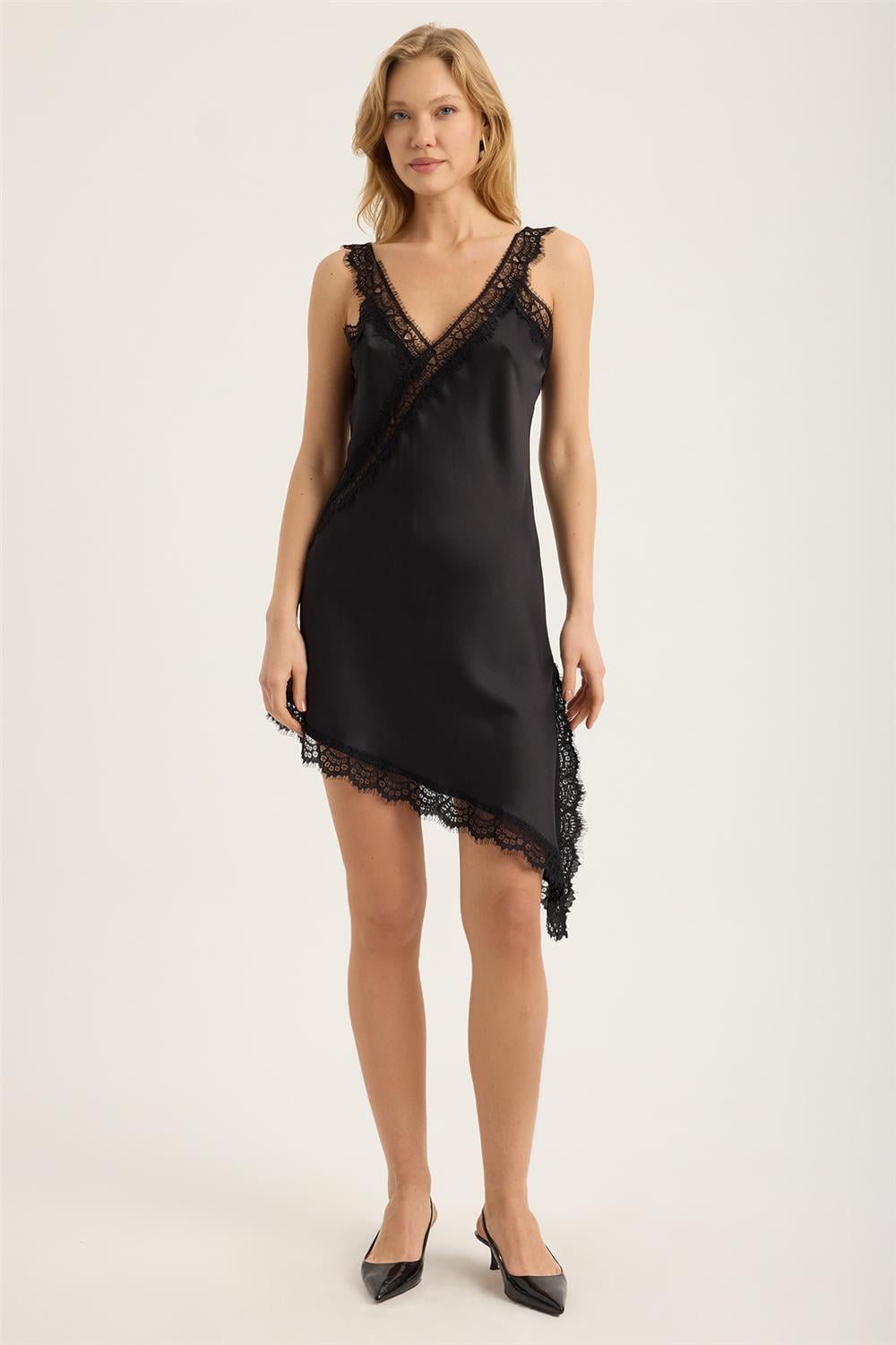 Saten Dantel Kalın Askı Elbise