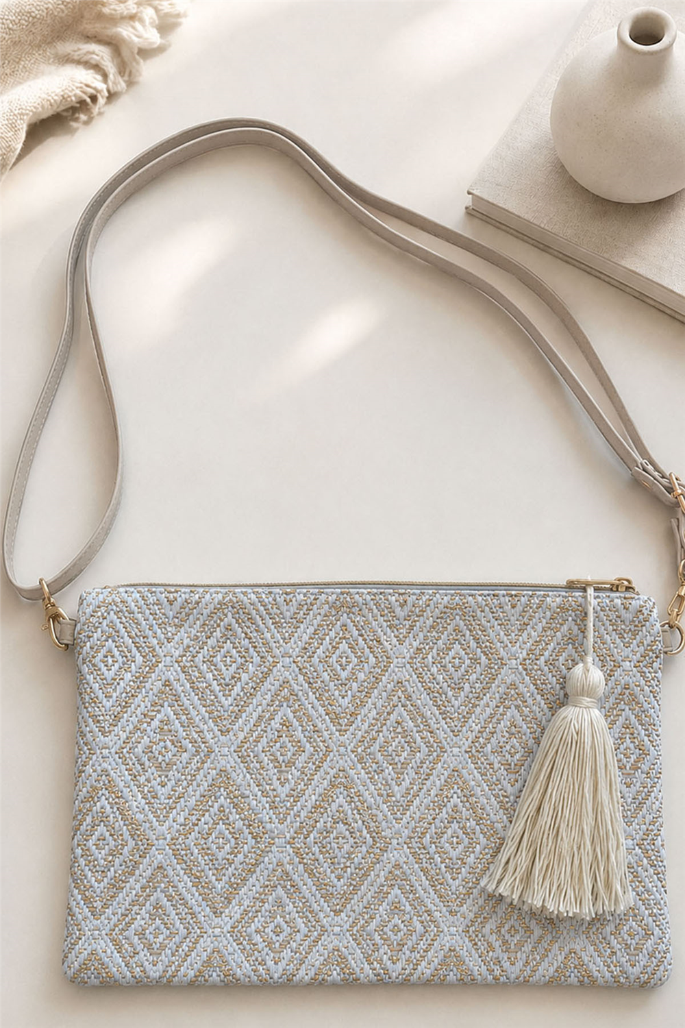 Simli Kilim Desenli Püskül Aksesuarlı Clutch Çanta