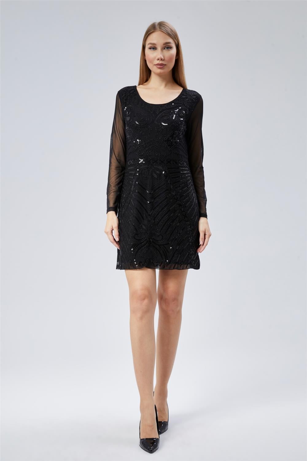 Tül Önü Boncuk Elbise