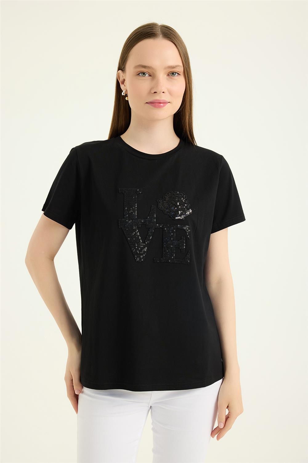 Payetli Gül Motifli Tshirt