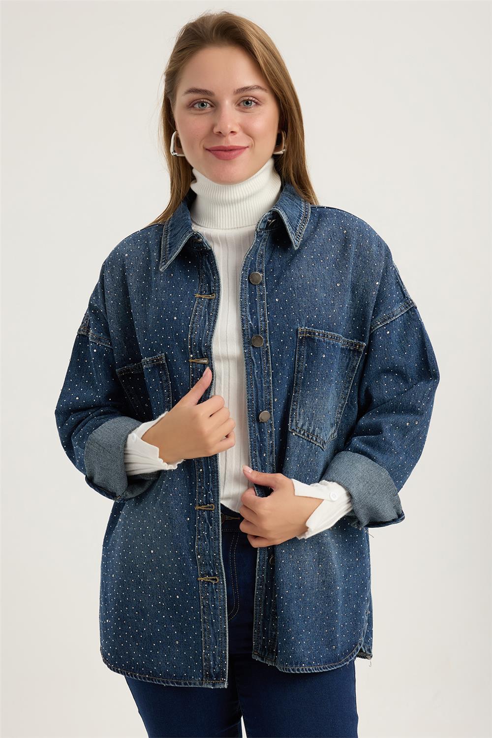 Full Taşlı Jean Gömlek