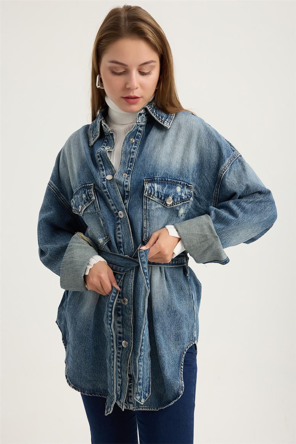 Kuşaklı Lifli Jean Gömlek