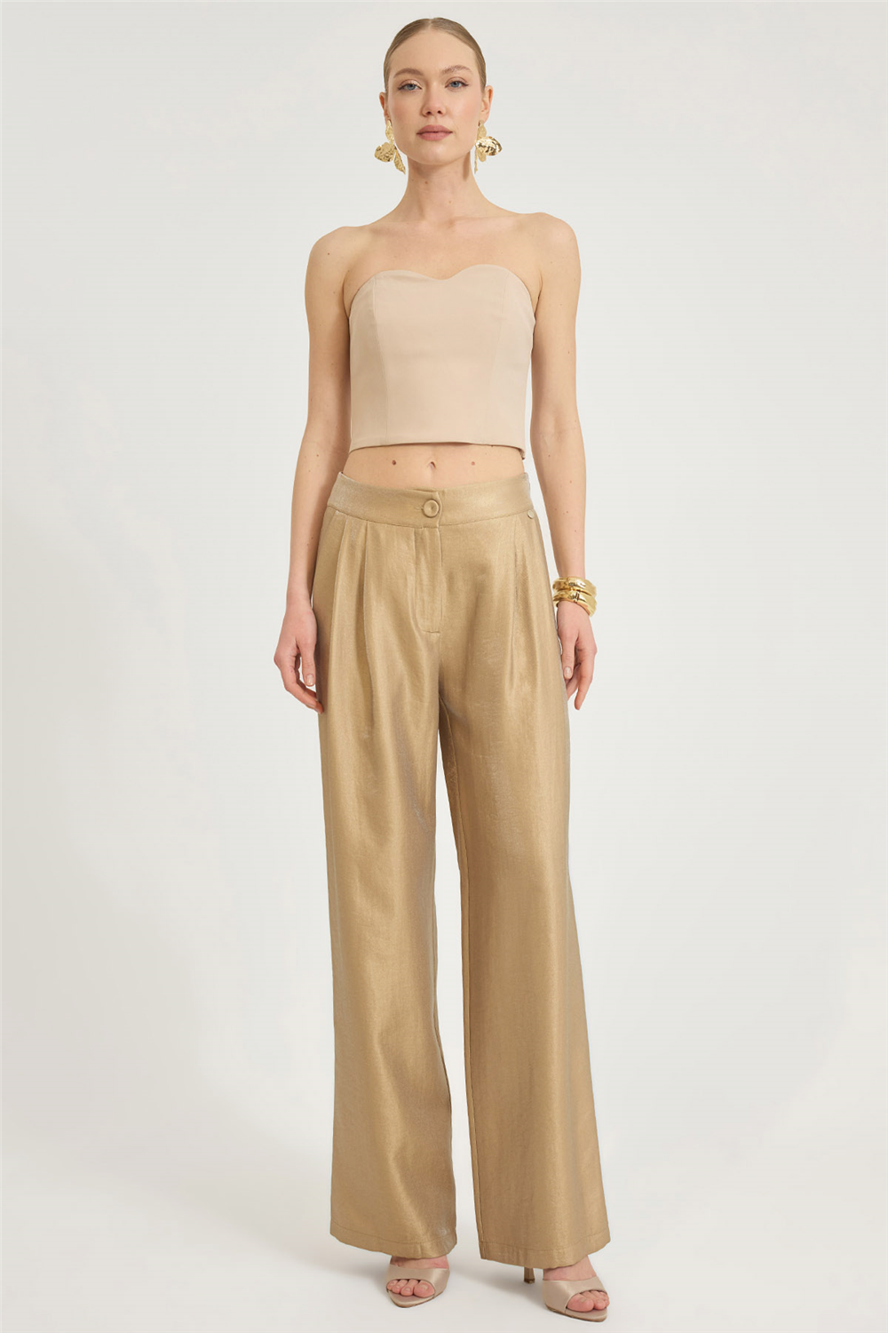 Yüksek Bel Geniş Paça Önü Pantolon