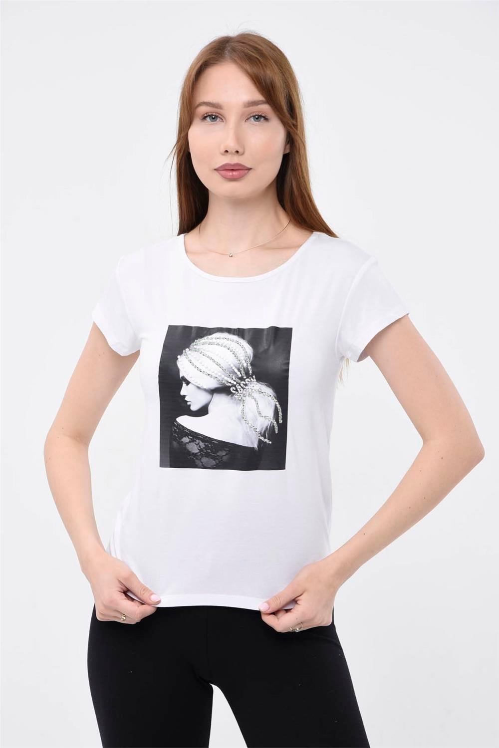 Saçı Taş İşlemeli Kız Baskılı Tshirt