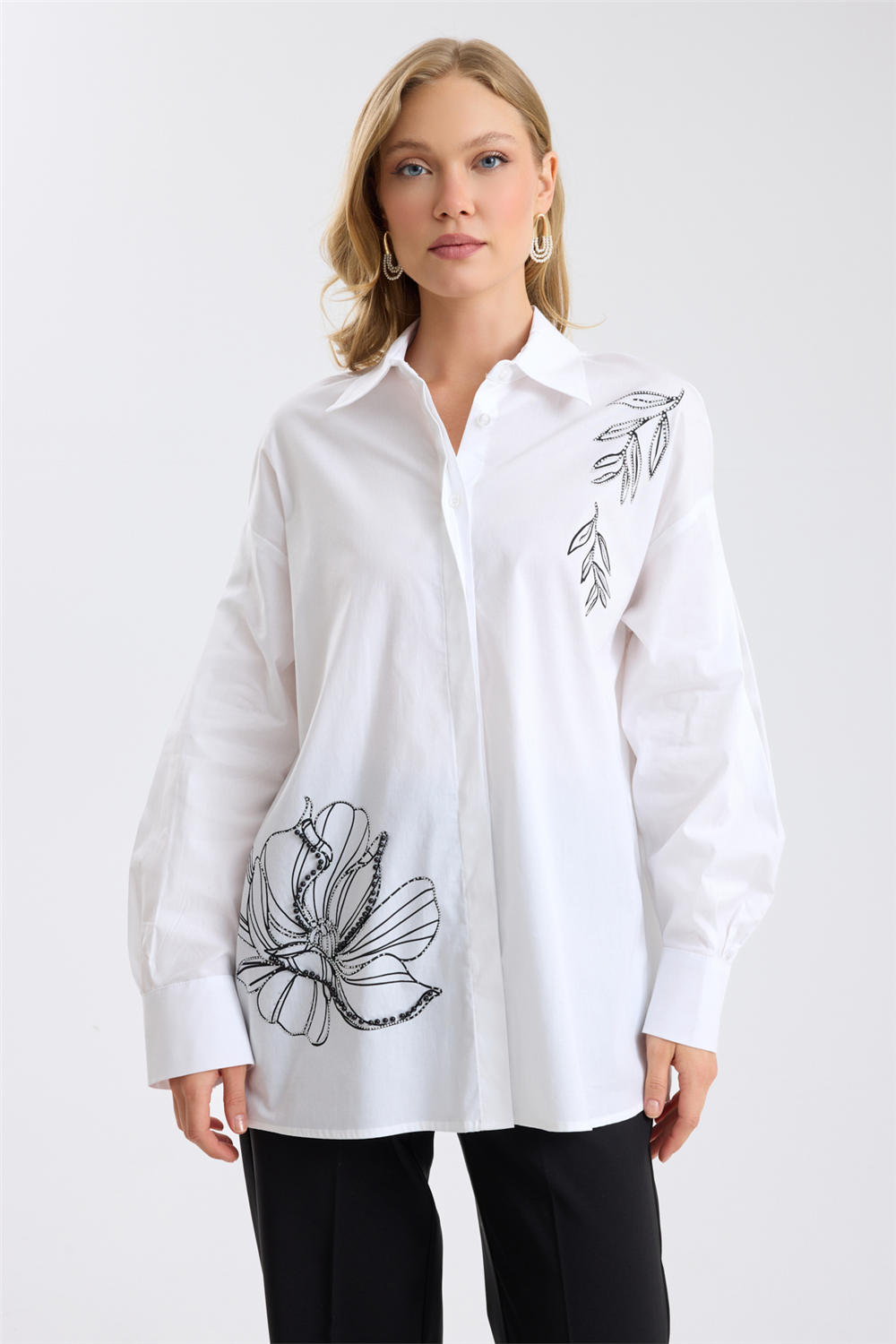 Taşlı Oversize Pamuklu Gömlek