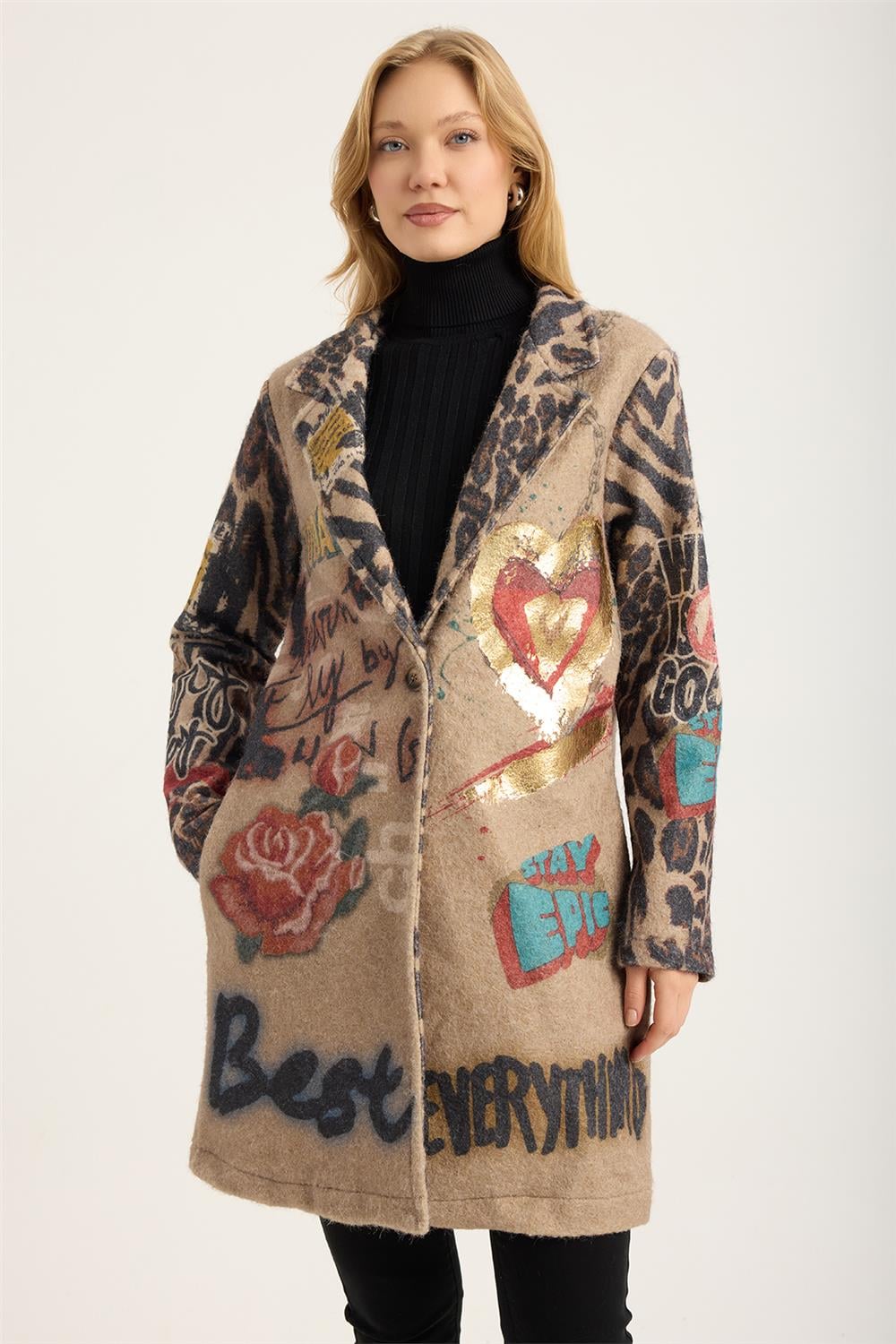 Gül+Kalpli Yazılı Kaşe Kaban