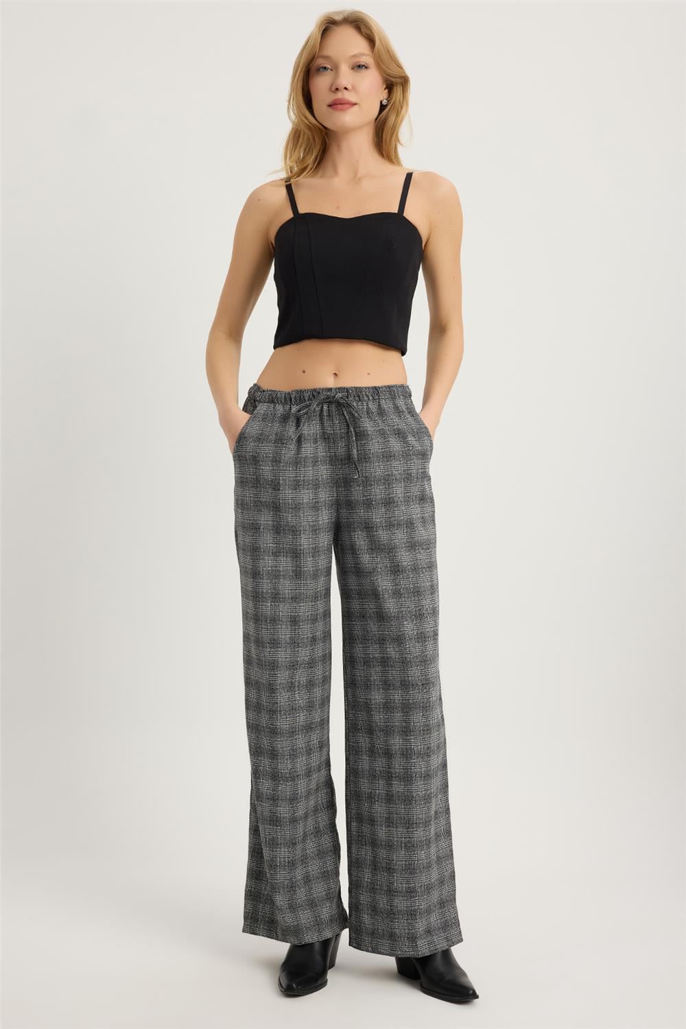 Ekose Bel Lastikli Pantolon