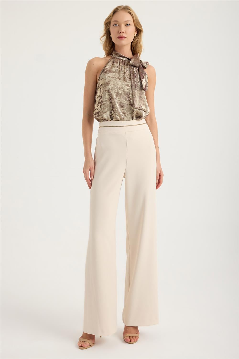 Bel Manşetli Zincir Şeritli Pantolon