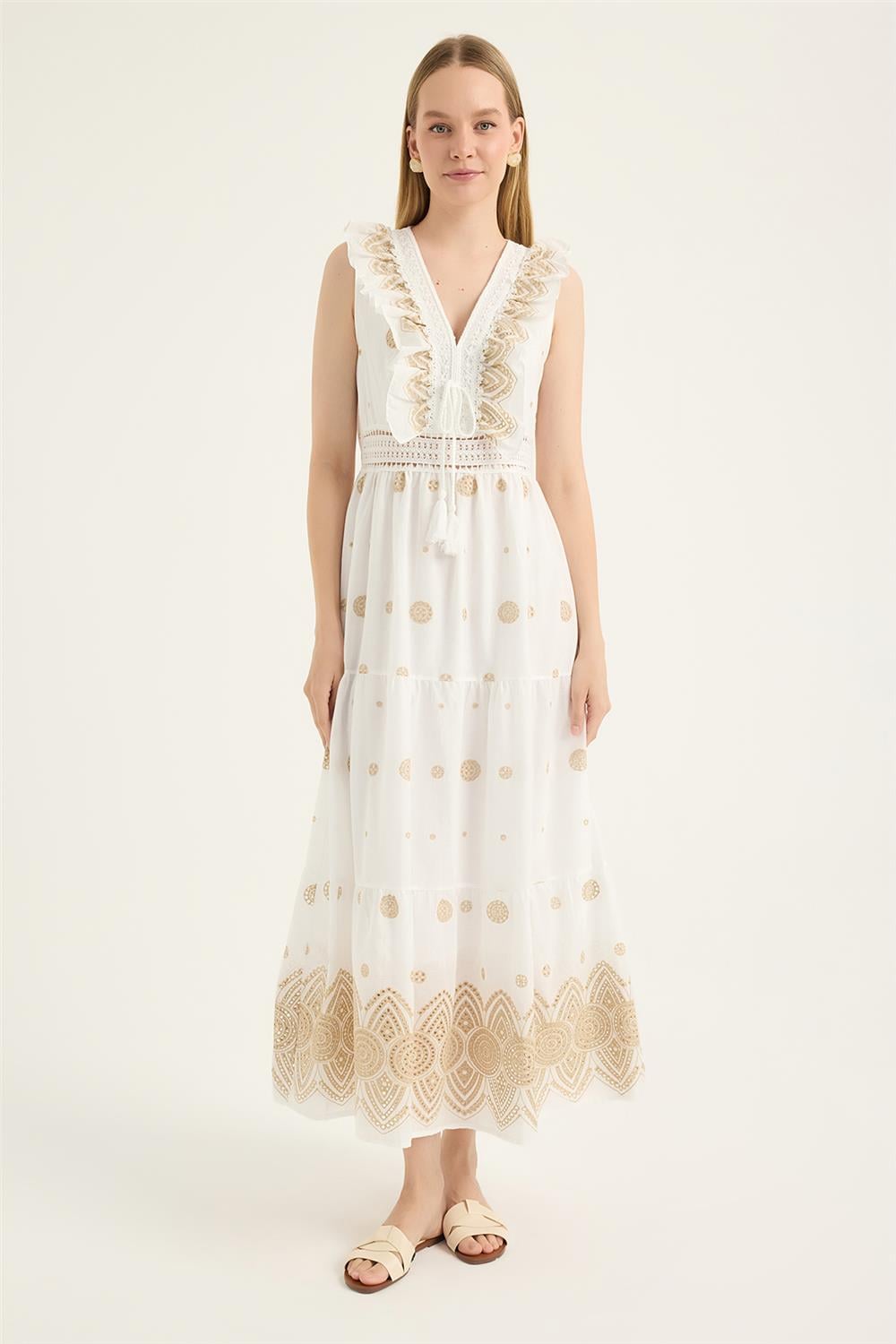 Volanlı V Yaka Elbise