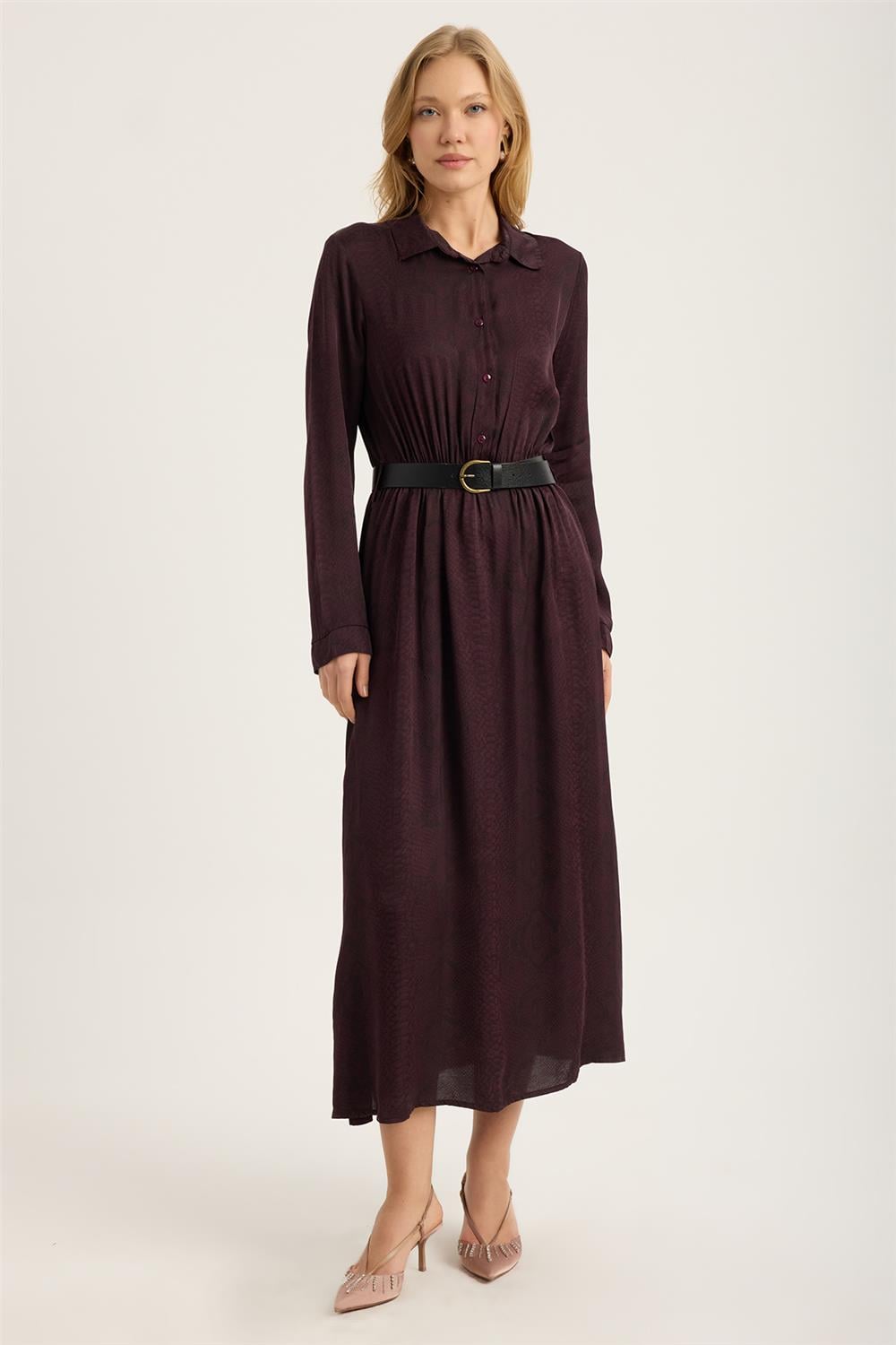 Piton Desenli Gömlek Yaka Elbise