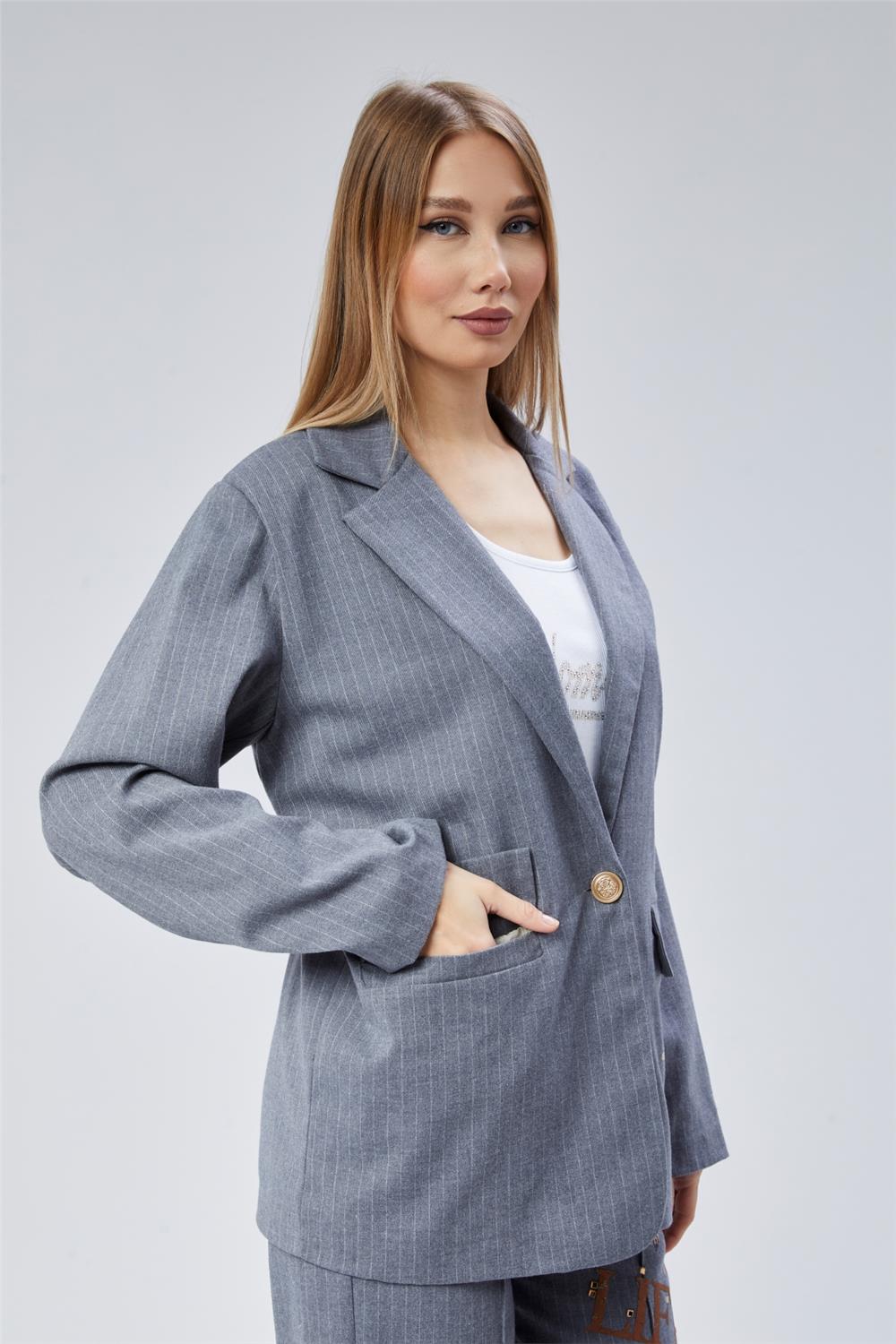 Çizgili Cepli Taşlı Ceket · 2