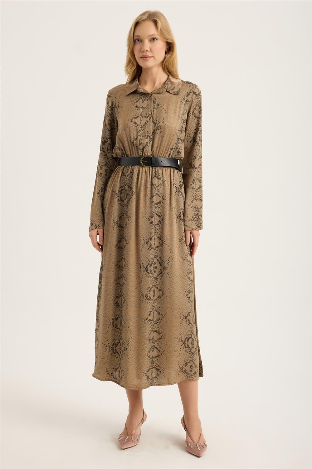 Piton Desenli Gömlek Yaka Elbise