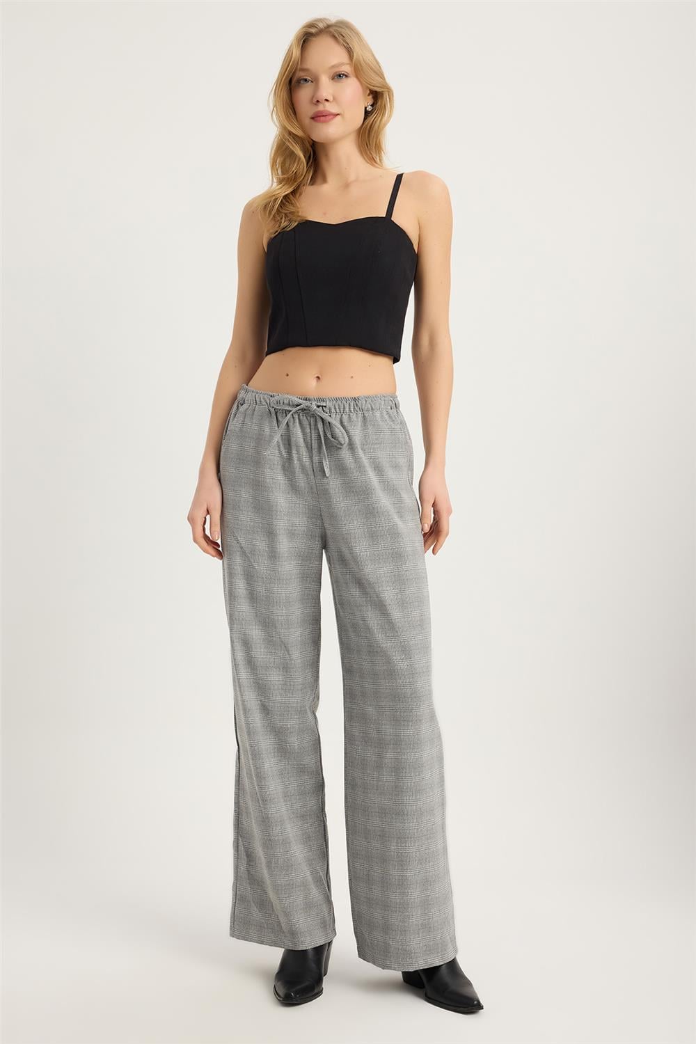 Ekose Bel Lastikli Pantolon