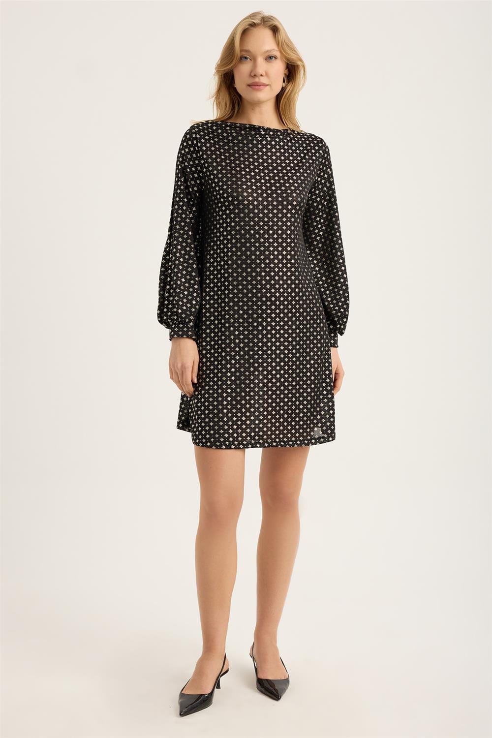 Yaldızlı Mini Kare Desenli Elbise