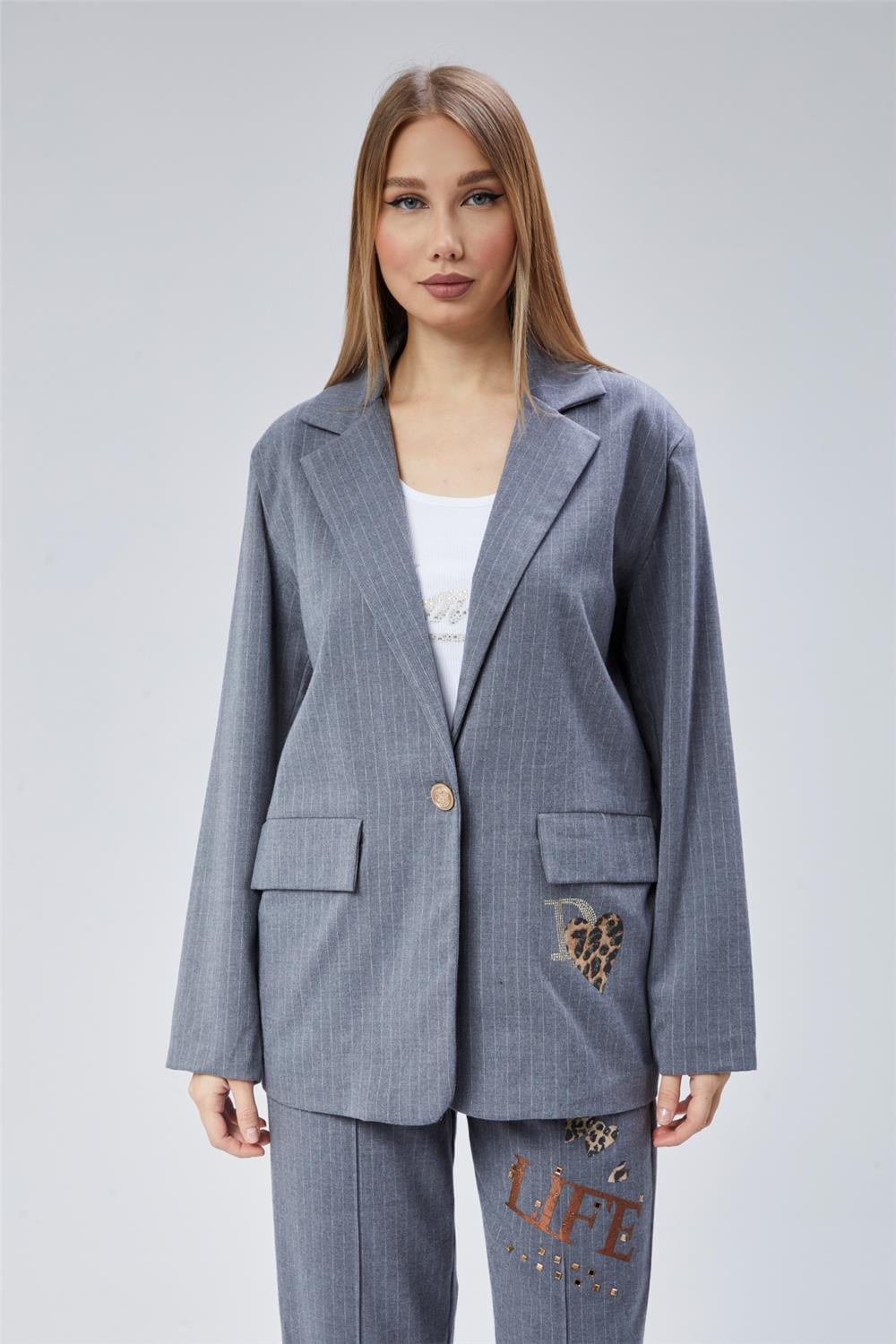 Çizgili Cepli Taşlı Ceket