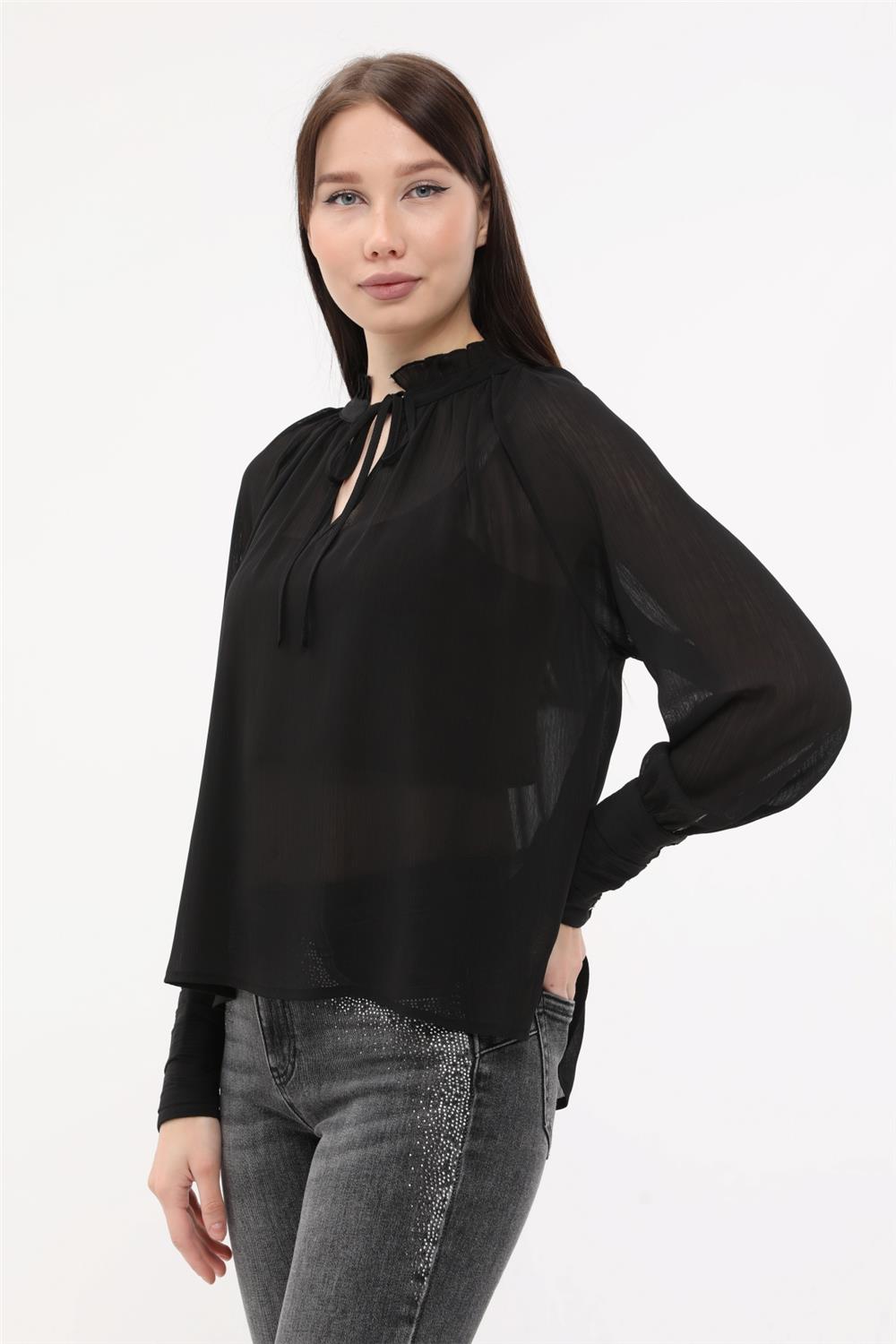 Bağcıklı Fırfırlı Dik Yaka Bluz · 3
