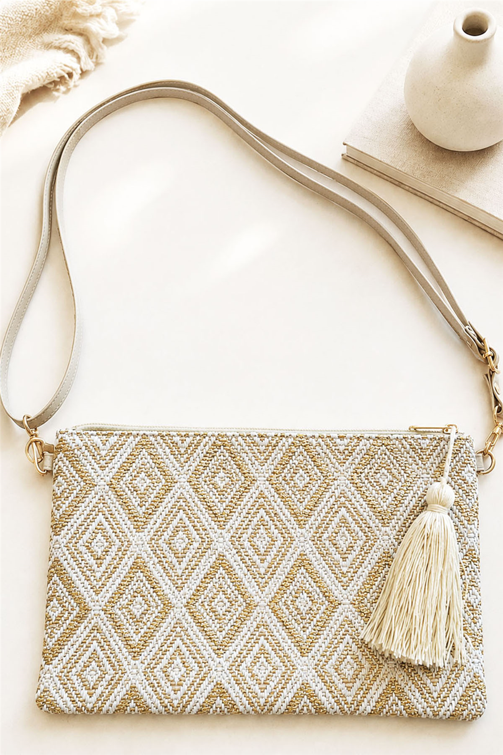 Simli Kilim Desenli Püskül Aksesuarlı Clutch Çanta