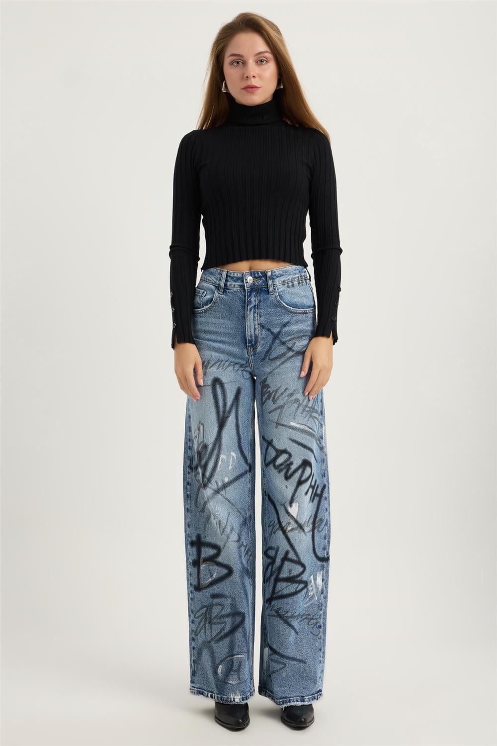 Sprey Yazılı Jean Pantolon