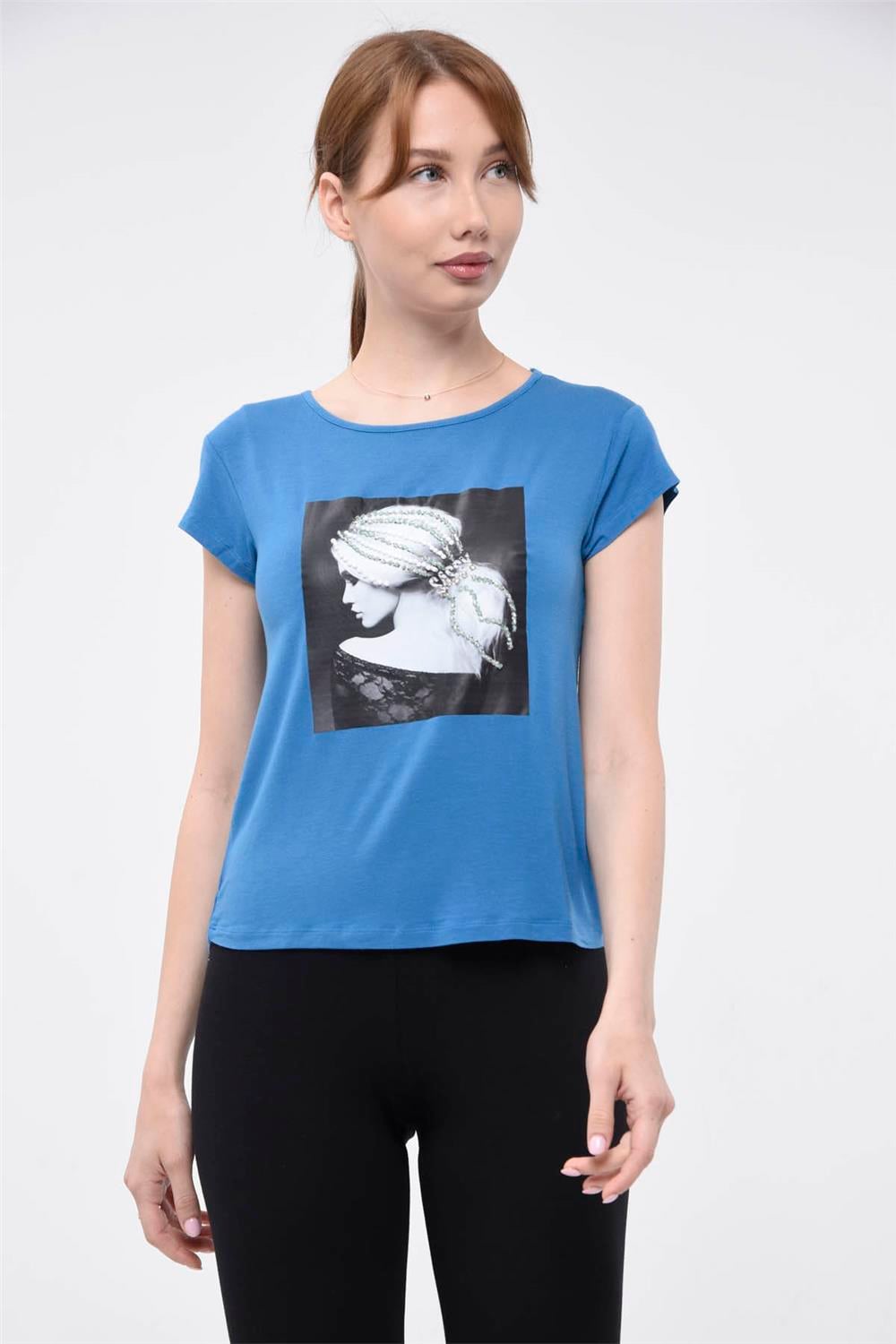 Saçı Taş İşlemeli Kız Baskılı Tshirt