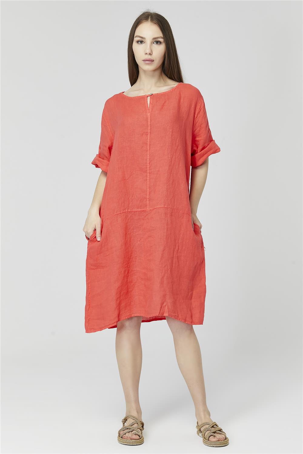 Tek Düğmeli Keten Elbise