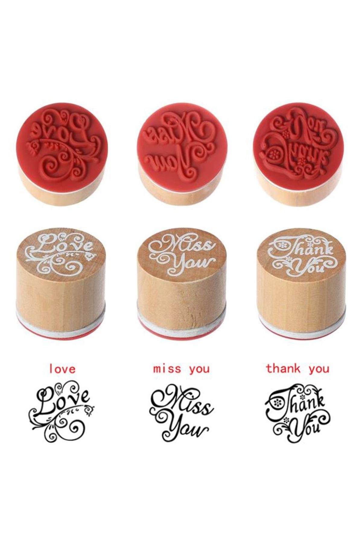 Ahşap Damga 3lü Mühür Set Love - Miss You - Thank You Temalı