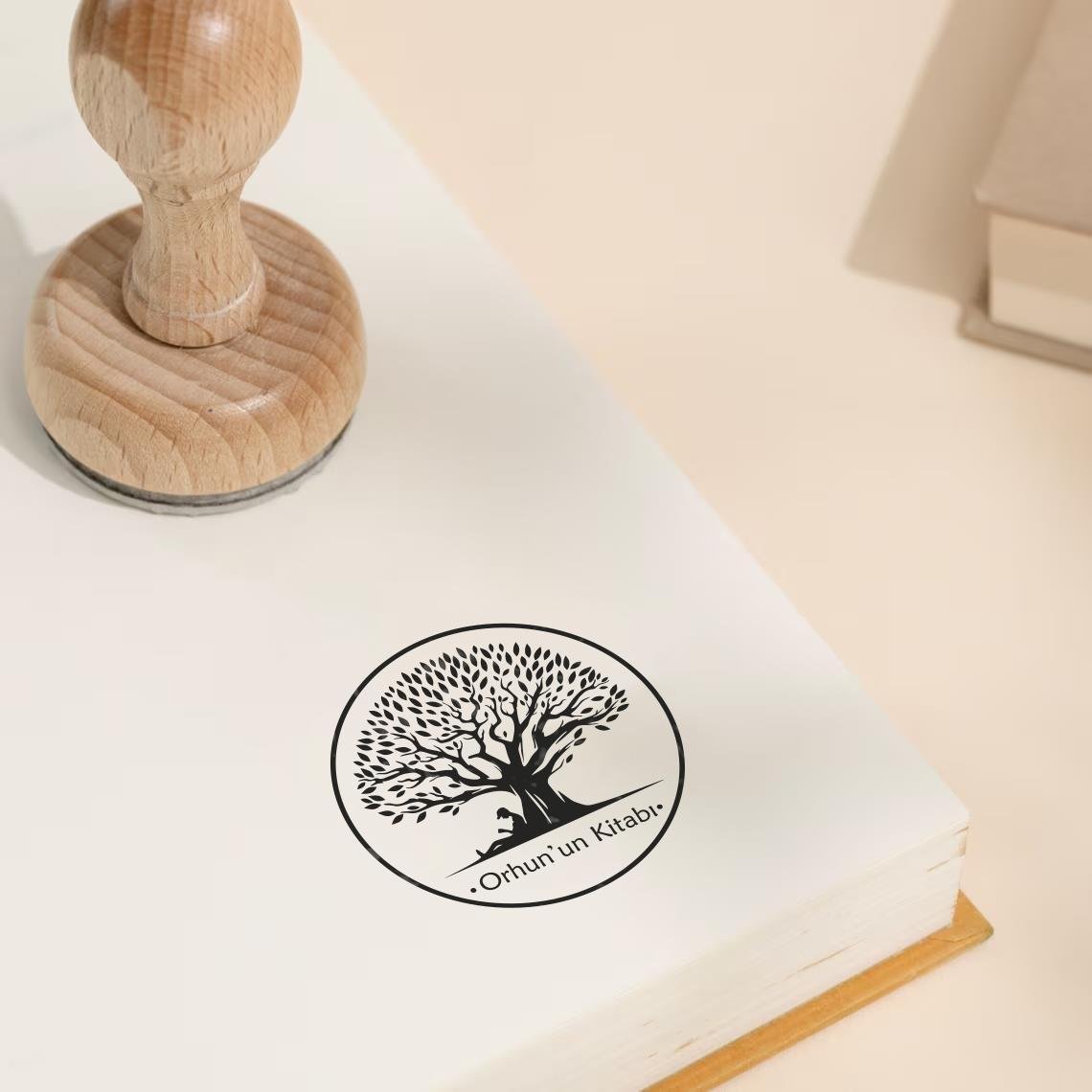 Ahşap Yuvarlak Kitap Mührü Kayın Ağacı Istampa Hediyeli