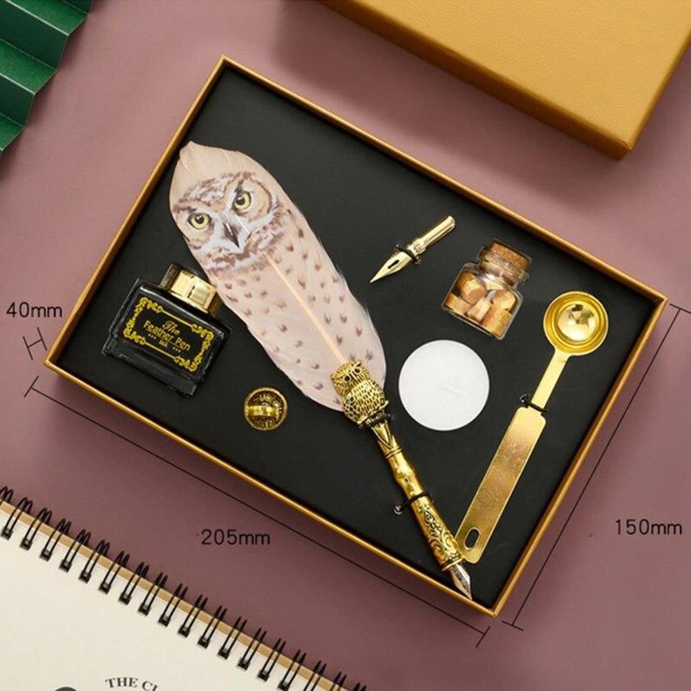 Baykuş Desen Tüy Divit Kalem Mürekkep Mühür Kaşık Uç Wax 7li Set