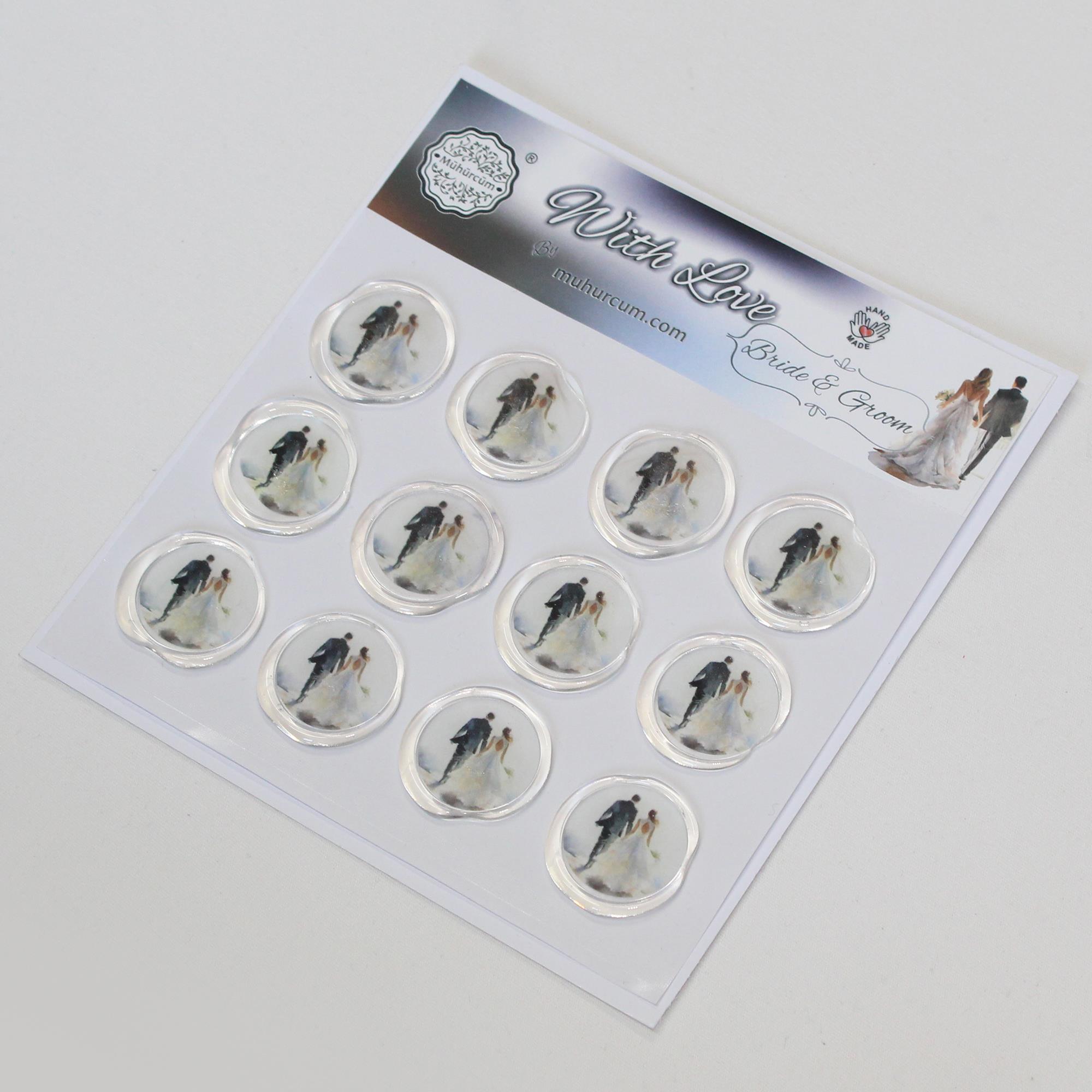 Mühürcüm 12 Adet Hazır Kendinden Yapışkanlı Gelin Damat Davetiye Sticker Mühür KYSM114