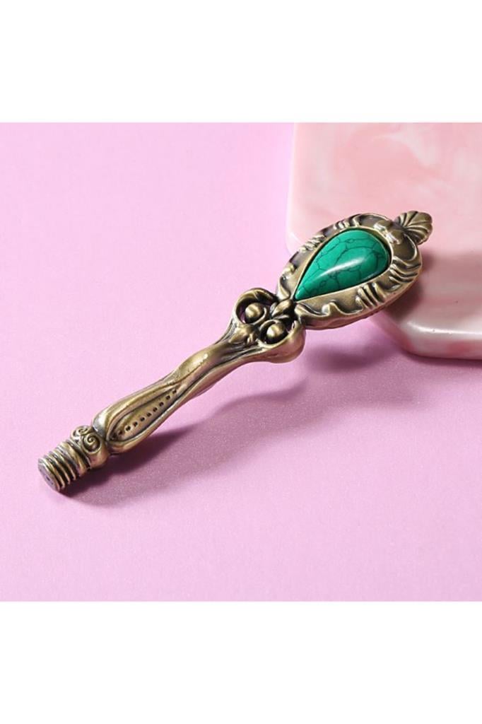 Mühürcüm Kraliyet Yeşil Taşlı Döküm Metal Mum Mühürü Sapı Bronz Renk 
