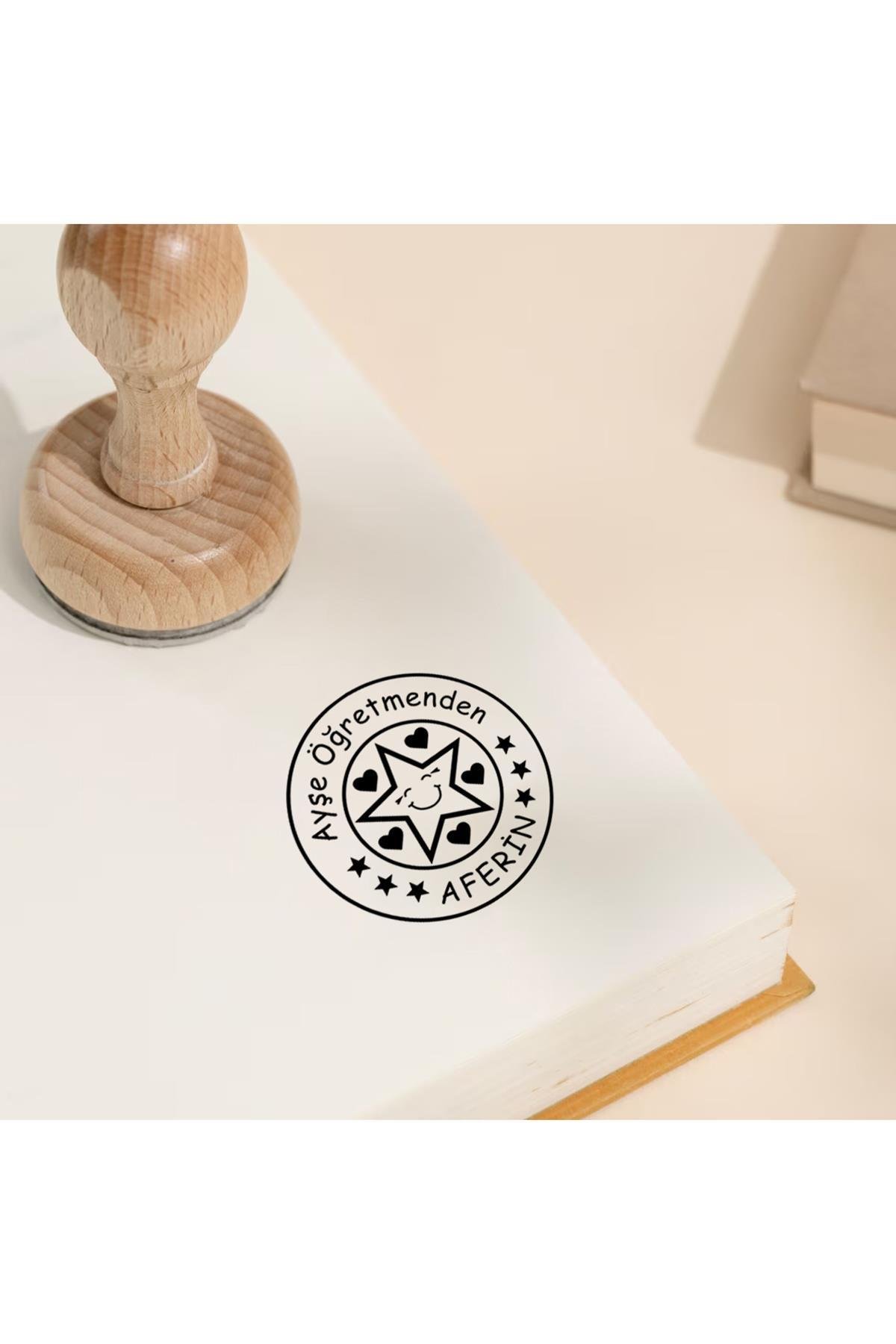 Öğretmen Mührü Ahşap Yuvarlak Mühür Kayın Ağacı Istampa Hediyeli