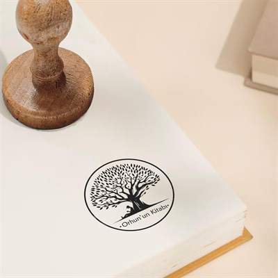 Koyu Ahşap Yuvarlak Kitap Mührü Kayın Ağacı Istampa Hediyeli
