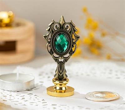 Kraliyet Yeşil Taşlı Döküm Metal Mum Mühürü Sapı Antik Gold