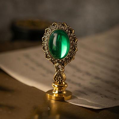 Kraliyet Yeşil Taşlı Döküm Metal Mum Mühürü Sapı Antik Gold