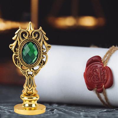 Kraliyet Yeşil Taşlı Döküm Metal Mum Mührü Sapı Gold 1