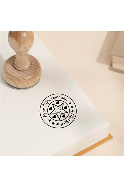 Öğretmen Mührü Ahşap Yuvarlak Mühür Kayın Ağacı Istampa Hediyeli