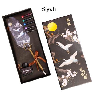 Tüy Divit Kalem Mürekkep 7 li Pirinç Set Cren Kuşu Desenli