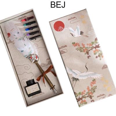 Tüy Divit Kalem Mürekkep 7 li Pirinç Set Cren Kuşu Desenli