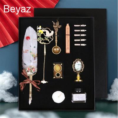 Tüy Divit Kalem Mürekkep Mühür Kaşık 10 lu Pirinç Set Cren Kuşu