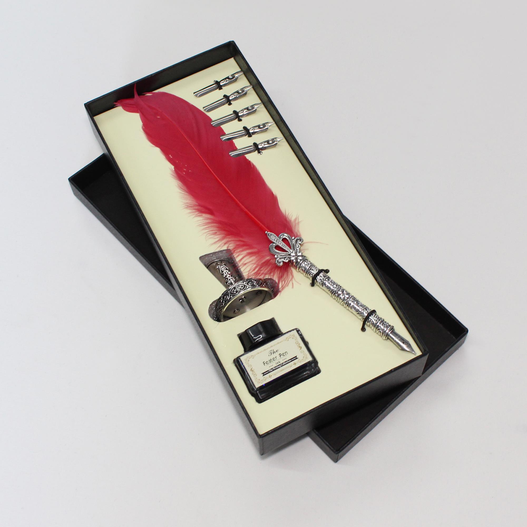 Beyaz ve Kırmızı Tüy Divit Antik Kaligrafi Kalem Mürekkep Seti ve 5 Farklı Uç RM2101