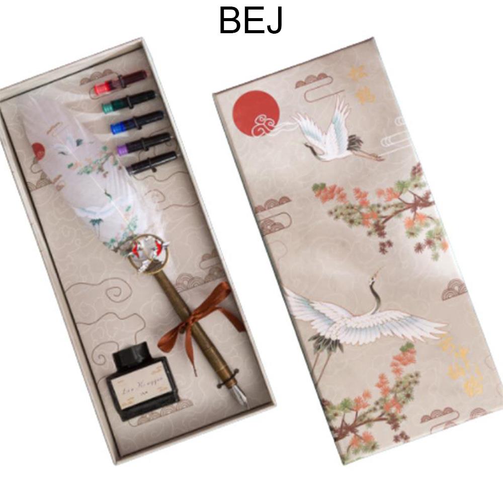 Tüy Divit Kalem Mürekkep 7 li Pirinç Set Cren Kuşu Desenli