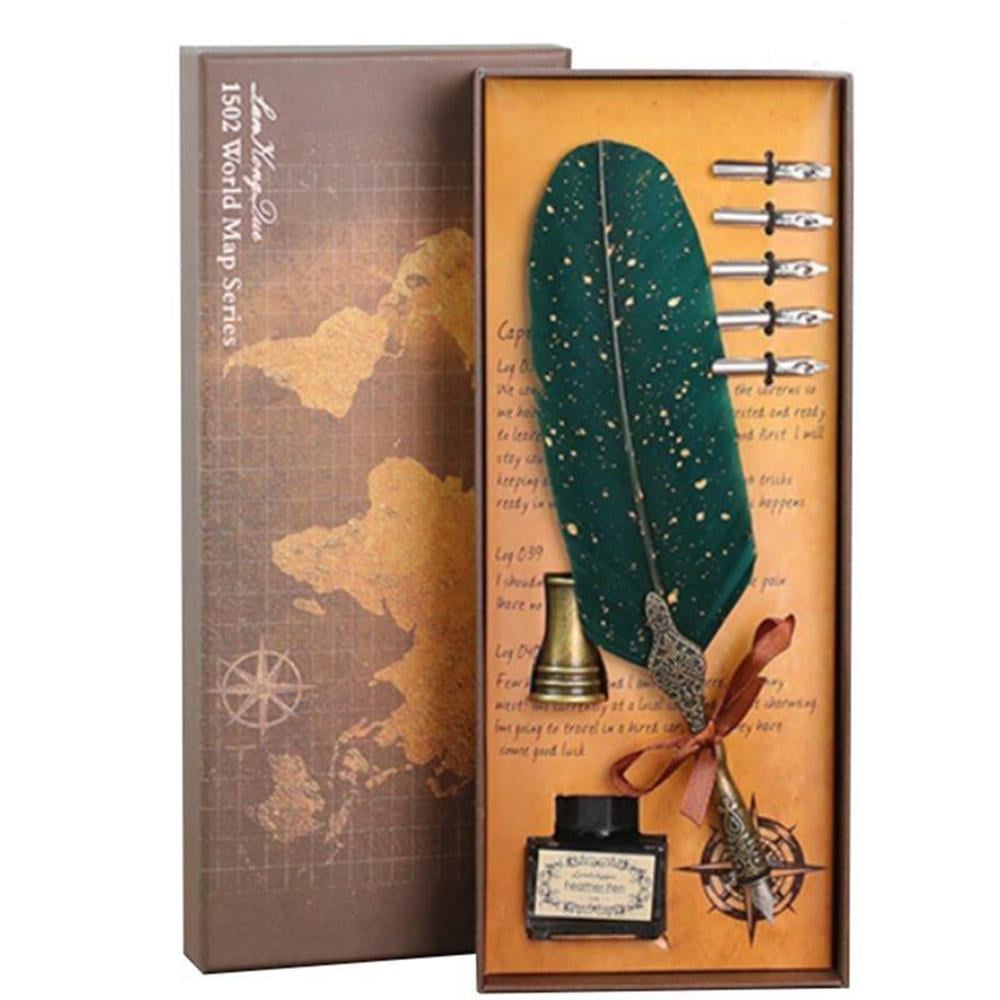 Tüy Divit Kalem Mürekkep Uç 8 li Pirinç Kaligrafi Set Altın Damla