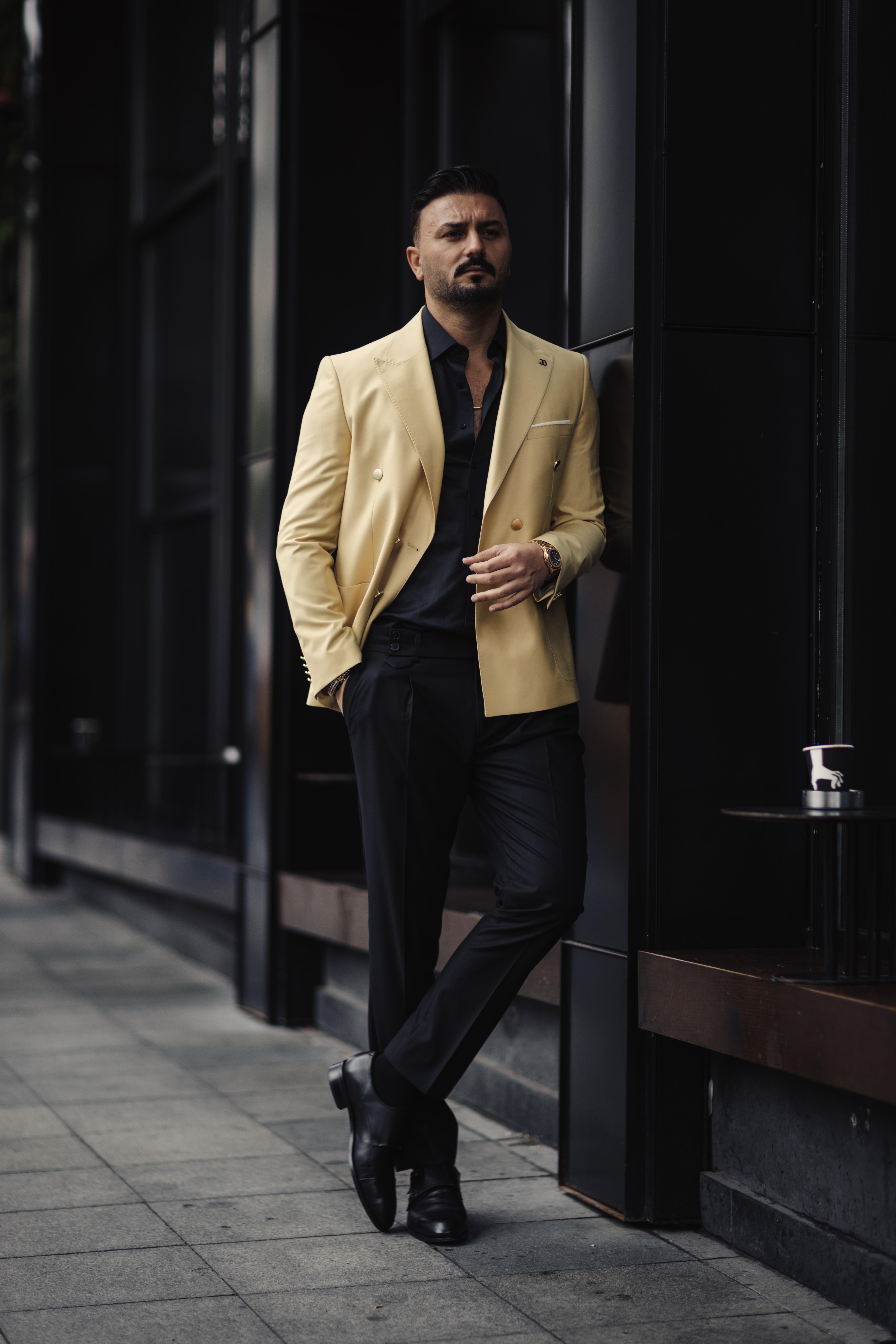 İTALYAN KESİM SLİM FİT CEKET PANTOLON GOLD DÜĞME KRUVAZE TAKIM ELBİSE SARI