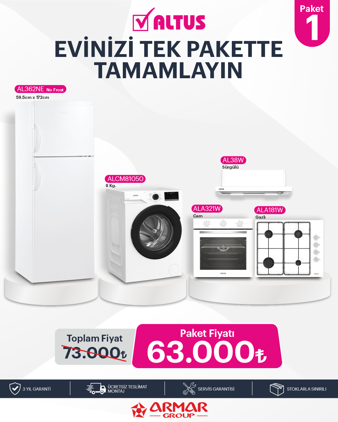 Beyaz Eşya Paketi 1 (Buzdolabı + Çamaşır + Fırın + Ocak + Aspiratör)