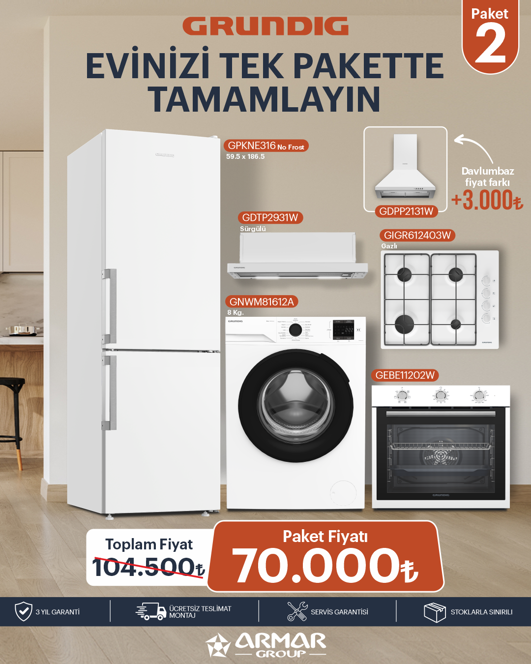 Beyaz Eşya Paketi 2 (Buzdolabı + Çamaşır + Fırın + Ocak + Aspiratör)