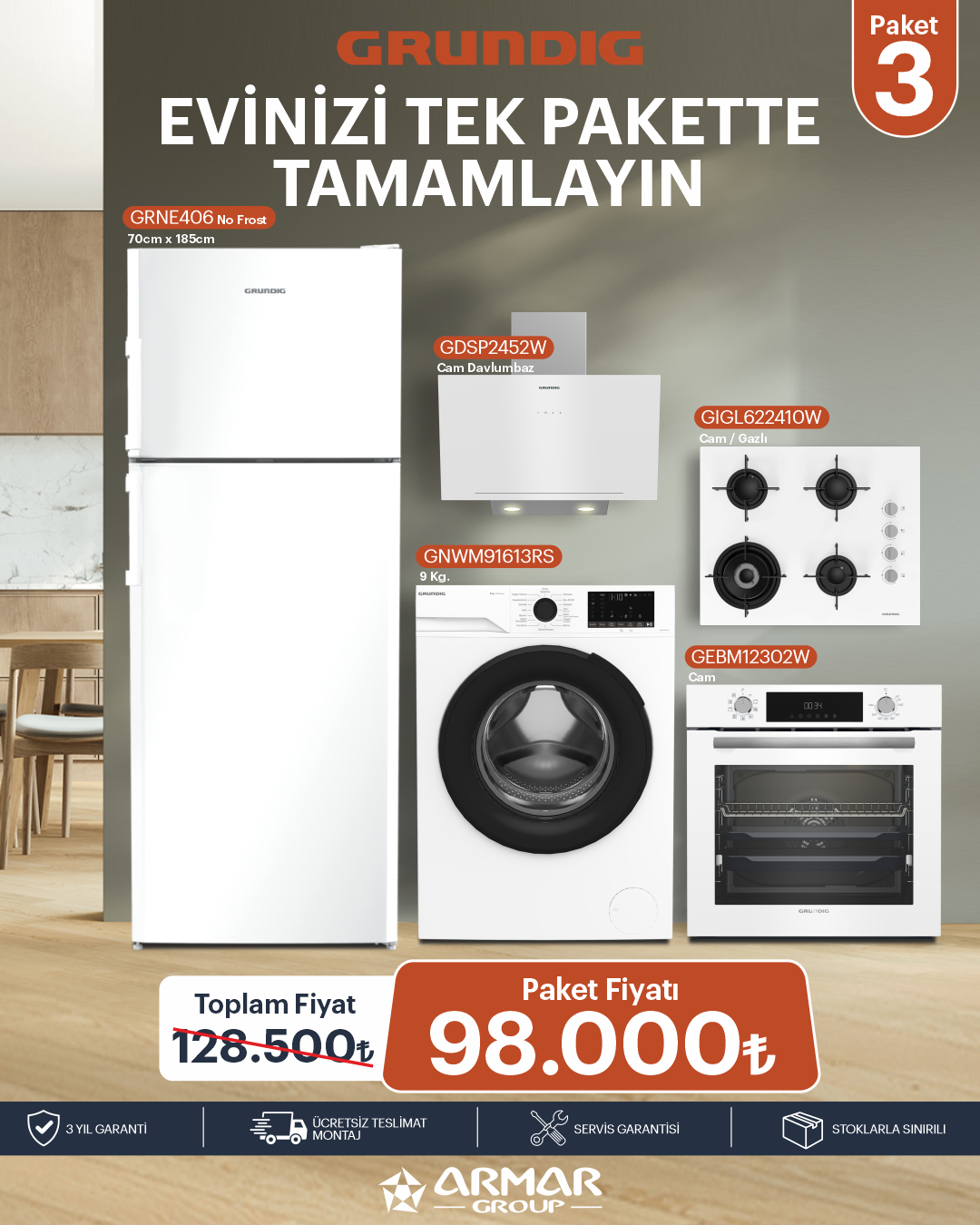 Beyaz Eşya Paketi 3 (Buzdolabı + Çamaşır + Fırın + Ocak + Davlumbaz)