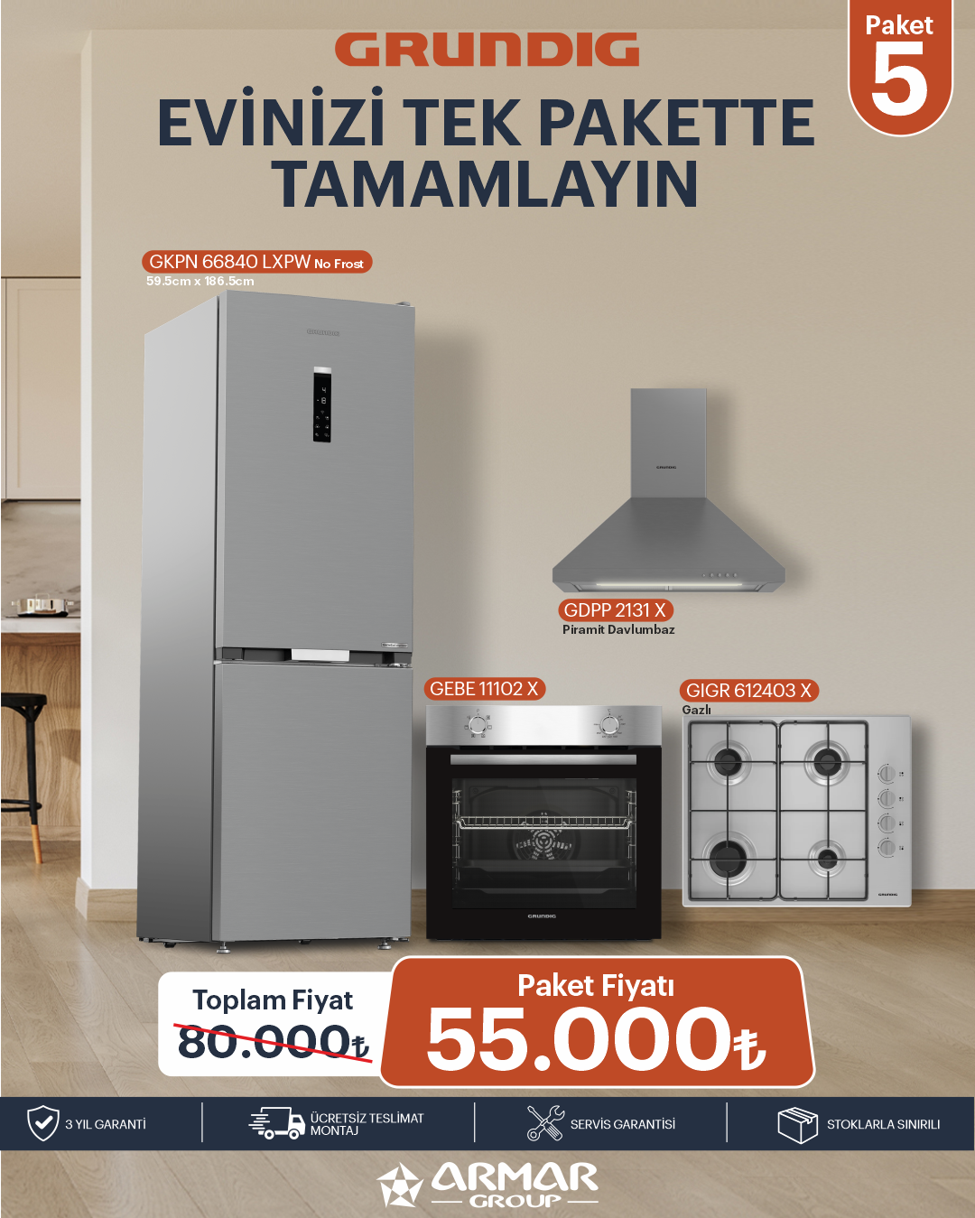 Beyaz Eşya Paketi 5 (Buzdolabı + Çamaşır + Fırın + Ocak + Davlumbaz)