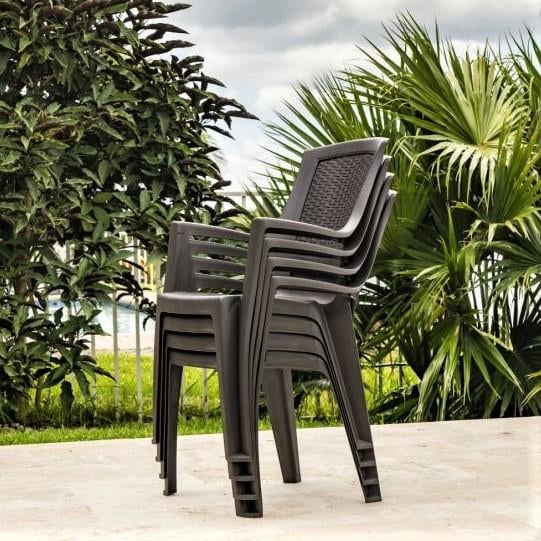 Flora Kollu Plastik Sandalye Rattan Sırt Örgü Desenli Kahve